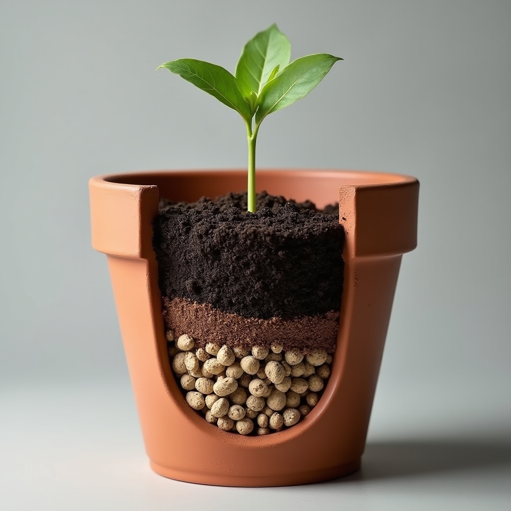 Ukázka drenážní vrstvy v pěstební nádobě na balkoně